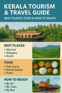 A colorful travel poster titled ‘Kerala Tourism & Travel Guide: Best Places, Food & How to Reach.’ It features a traditional Kerala houseboat on a calm backwater surrounded by palm trees. Sections highlight ‘Best Places’ (Munnar, Alleppey, Kochi) with a tea plantation image, ‘Food’ (Fish Curry, Kerala Sadya, Puttu) with a banana-leaf meal photo, and ‘How to Reach’ (By Air, By Train, By Bus) with an image of a train passing through lush greenery.